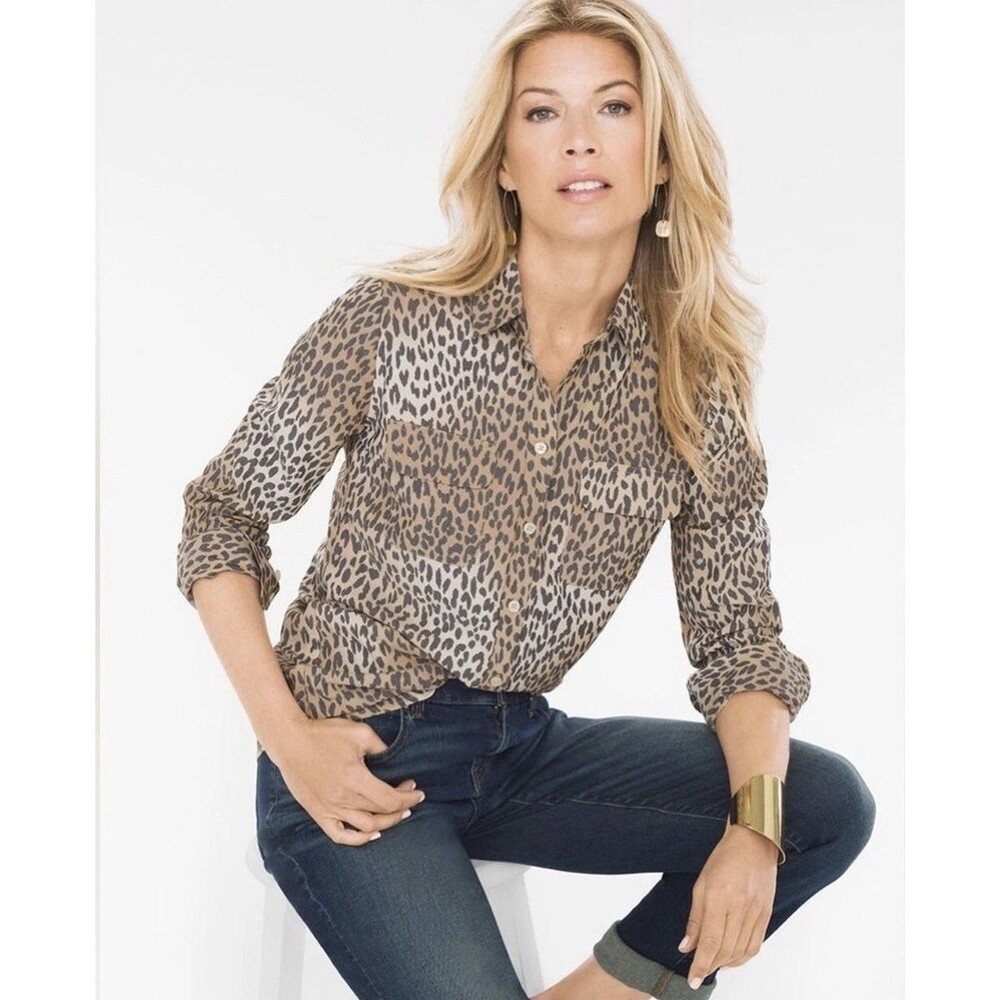 Chico's Size 0 Silky Soft Easy Shirt Button Down Cheetah Animal Print Work Wear